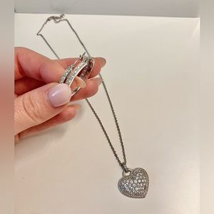 Elegant Silver Heart Pendant Necklace and Hoop Earrings Set